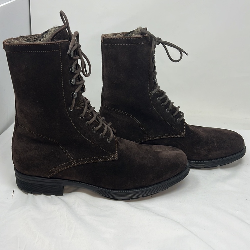 Men’s Sz 9.5 Brown Suede Full Fur Lined Lace Up Lug Boots - Picture 6 of 12